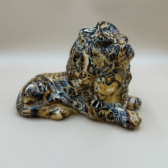 Vintage Artistic Safari Animal Print Ceramic Lion Figurine - Multicolor
